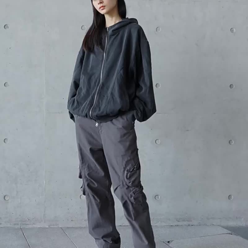 打褶拼接立體口袋水洗工裝褲簡約直筒休閒長褲子 - 男長褲/休閒褲 - 其他材質 灰色