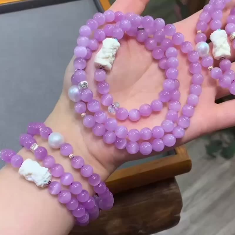天然高品質貓眼紫鋰輝三圈手鏈項鏈猛獁象牙扎基拉姆 緩壓旺人緣 - 手鍊/手環 - 玉石 