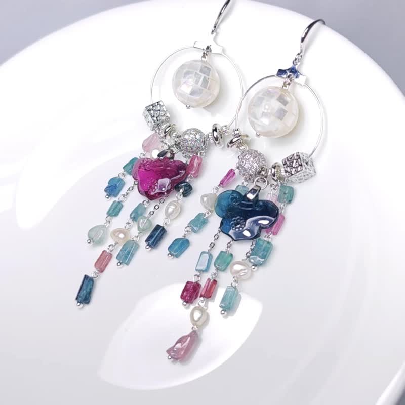 Tourmaline Blue Watermelon Ruyi Tassel Pearl Mother-of-pearl Wealth and Career Earrings Only One Piece - ต่างหู - เครื่องเพชรพลอย สีน้ำเงิน