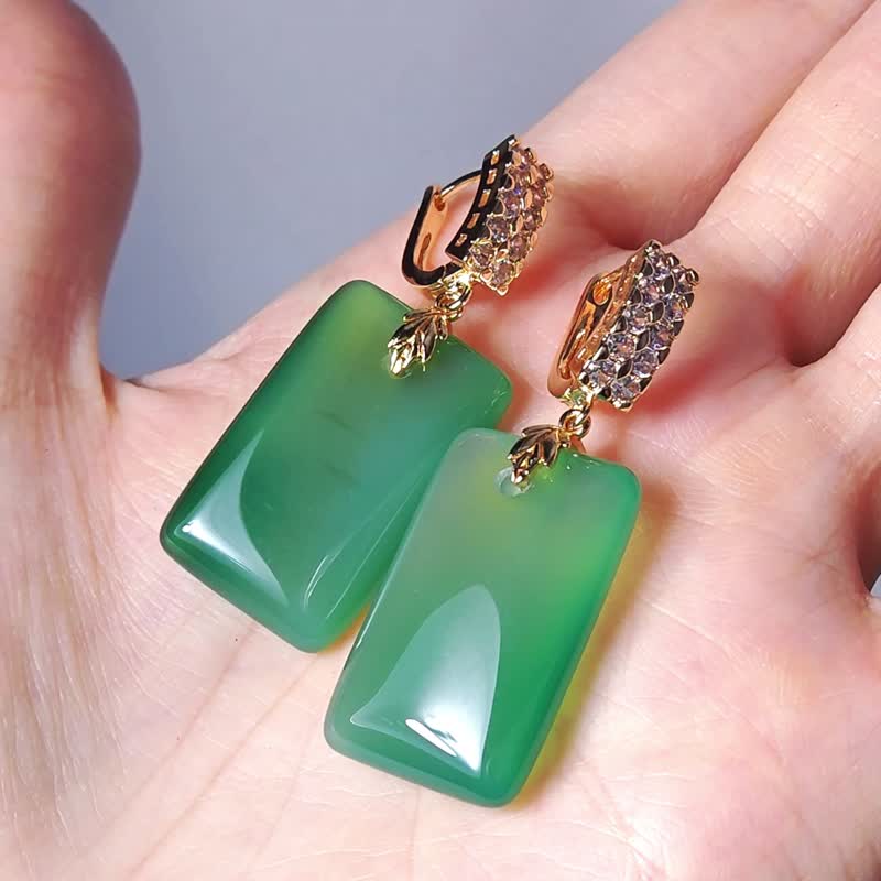 Ice Green Jade Agate Undecorated Large Gemstone Earrings for Peace and Wealth - Earrings & Clip-ons - Gemstone Green