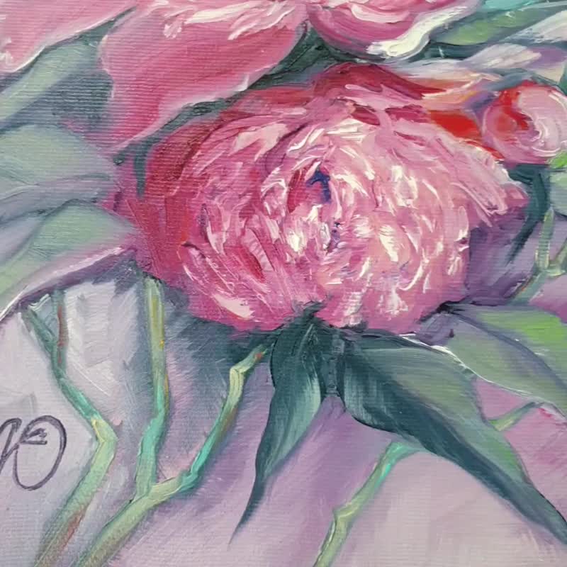 Peony Painting Floral Original Art Bouquet Artwork Flowers Canvas Oil Painting - 海報/掛畫/掛布 - 棉．麻 多色