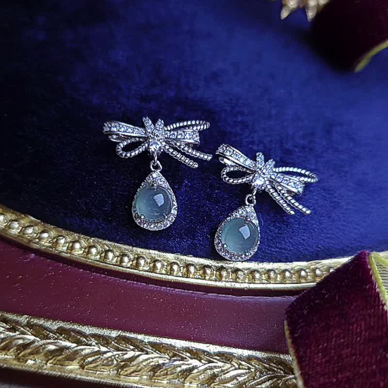 Prosperity Water | Escaped Princess Ethereal Dreamy Ice Glass Light Blue Egg | Grade A Jadeite Sterling Silver Bow Earrings - ต่างหู - หยก หลากหลายสี
