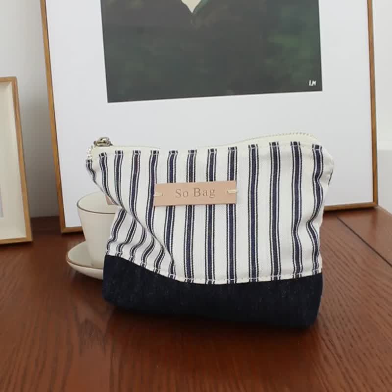 sobag Japanese navy blue striped canvas coin clutch bag female Harajuku small fresh literary light mobile phone bag - กระเป๋าใส่เหรียญ - ผ้าฝ้าย/ผ้าลินิน ขาว