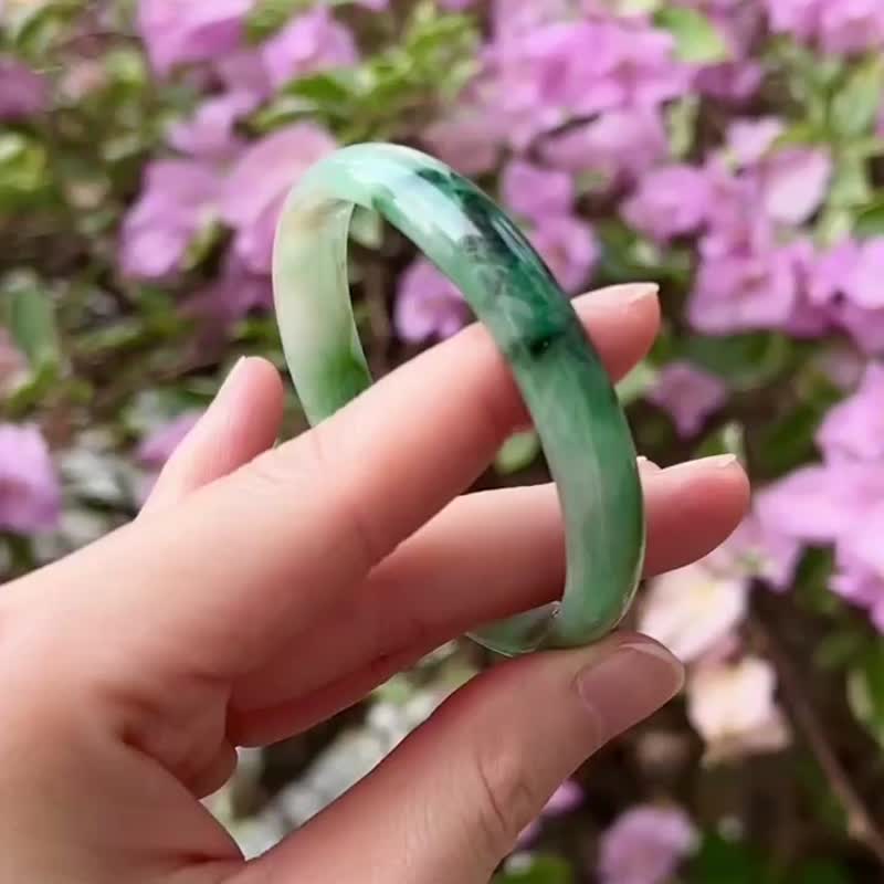天然翡翠 緬甸 A玉 玉鐲 • 花青翡翠福鐲 - 手鍊/手環 - 石頭 綠色