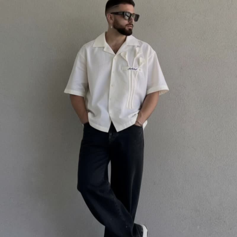 男士棉質襯衫搭配花卉與海貝裝飾 - 男襯衫/休閒襯衫 - 棉．麻 白色