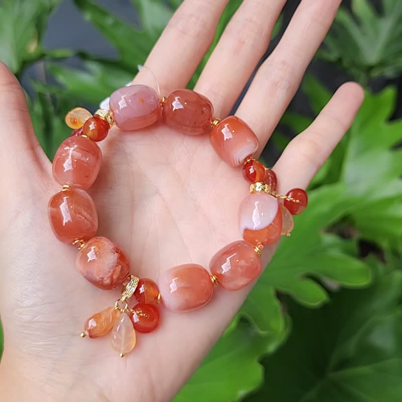 Silk-wrapped agate three yuan and the first leaf to get rich, success, wealth and wealth, big Gemstone bracelet single item - สร้อยข้อมือ - เครื่องเพชรพลอย สีส้ม