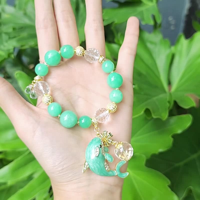 Top grade amazonite Stone white crystal enamel dolphin play ball lucky wisdom bracelet gift - สร้อยข้อมือ - เครื่องเพชรพลอย สีเขียว