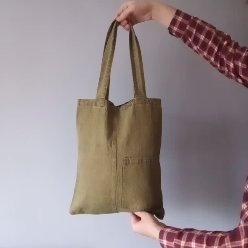 Linen Tote Bag  Japanese Khaki color  handmade minimalist  38 x 43 cm - กระเป๋าถือ - ลินิน สีกากี