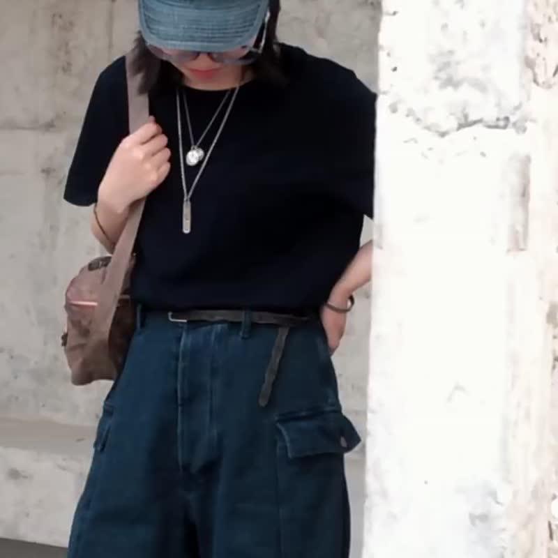 Indigo/Mist Blue 2-Color Cotton Knit Plant Blue Dyed Short Sleeve Pocket T-Shirt Vintage Crew Neck Loose Top - เสื้อยืดผู้หญิง - ผ้าฝ้าย/ผ้าลินิน สีน้ำเงิน