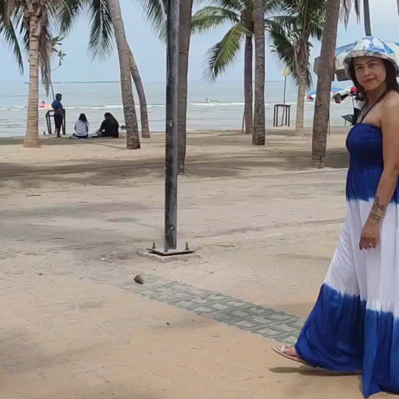 Smock White -  無肩帶工作服夏季長裙 - 洋裝/連身裙 - 棉．麻 藍色