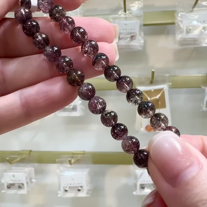 精品天然稀有黑紅超七6.4-6.7mm10.75g礦多爆閃黑煙花彼岸花 - 手鍊/手環 - 水晶 黑色