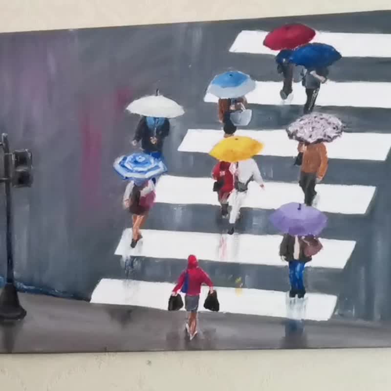 Pedestrians Street Oil Original Art People Shadows Painting Cityscape - 海報/掛畫/掛布 - 其他金屬 灰色
