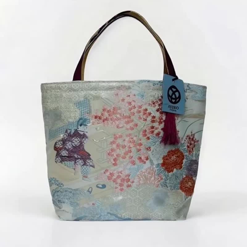 第1號故事系列, 真絲和服袋帶托特包, 日本手工升級改造藝術包 - 手提包/手提袋 - 絲．絹 銀色