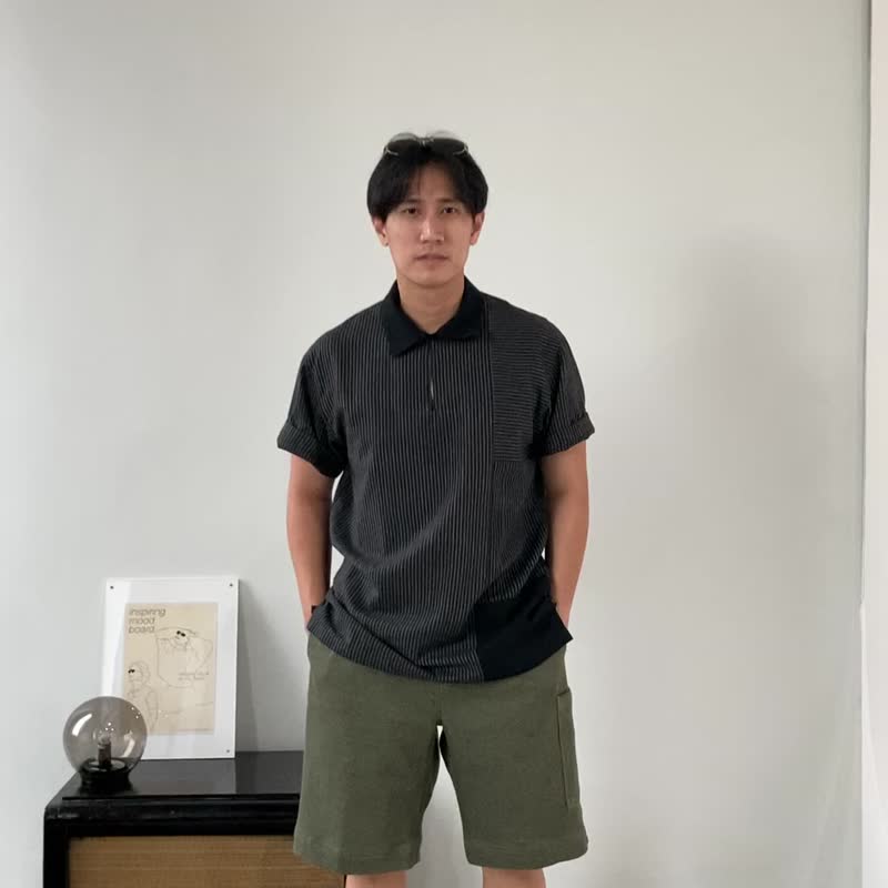 Blue & J Natural Hand Woven Cotton Polo Collar Men's Top - Black - 男襯衫/休閒襯衫 - 棉．麻 黑色