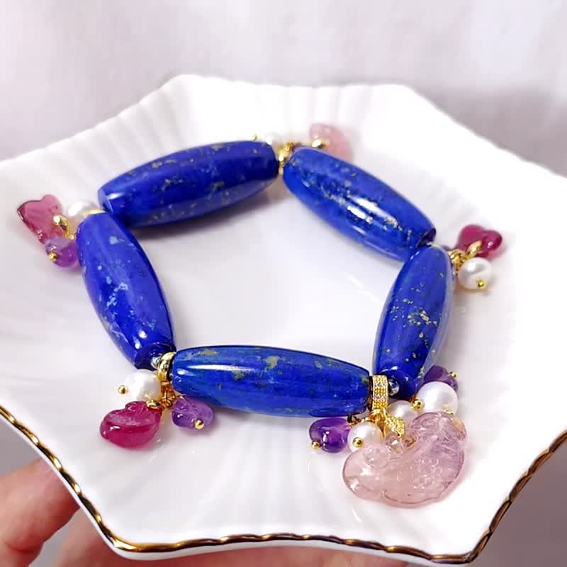 Lapis Lazuli Antique Long Beads Tourmaline Amethyst Pearl Helps Career Sustainability Large Gemstone Bracelet Single Product - สร้อยข้อมือ - เครื่องเพชรพลอย สีน้ำเงิน