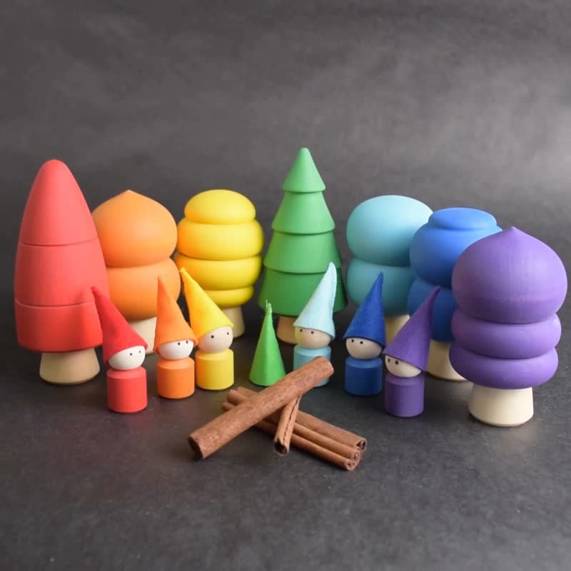 Wooden Trees Toy Set with Peg Dolls Little People Figurines Rainbow Woodland - 寶寶/兒童玩具/玩偶 - 木頭 多色