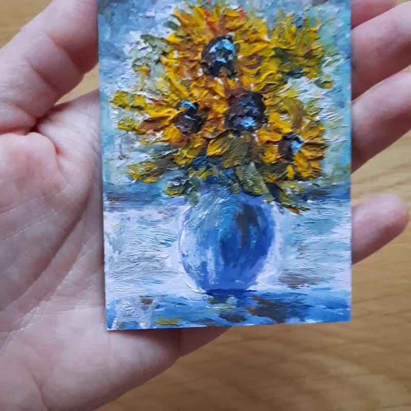 Sunflower Still Life ACEO, Original Impasto Oil Painting, Collectible Art - ตกแต่งผนัง - กระดาษ 