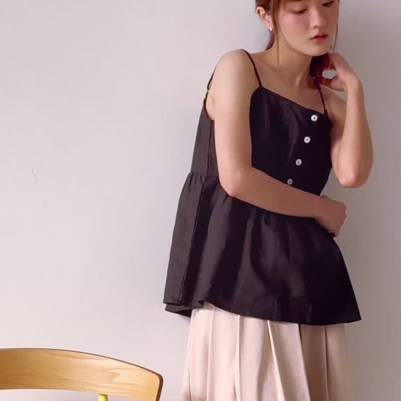 Linen Spaghetti Strap Top - Black - 女上衣/長袖上衣 - 棉．麻 黑色