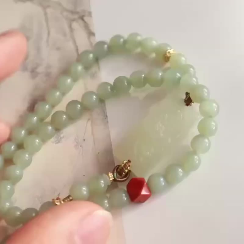 天然晴水和田玉雕花手牌雙圈手鏈 冰底晴水料搭配和田玉珠鏈 6mm - 手鍊/手環 - 玉石 