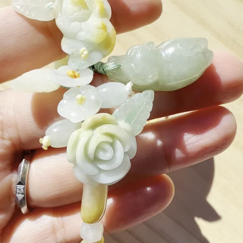 手工翡翠手串 — 貓與玫瑰 - 手鍊/手環 - 玉石 黃色