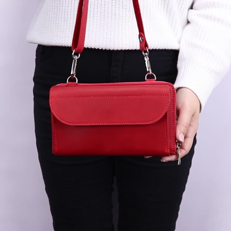 Small Leather Crossbody Bag Wallet/ Womens Shoulder Purse/ Phone Bag with Zipper - 側背包/斜孭袋 - 真皮 紅色