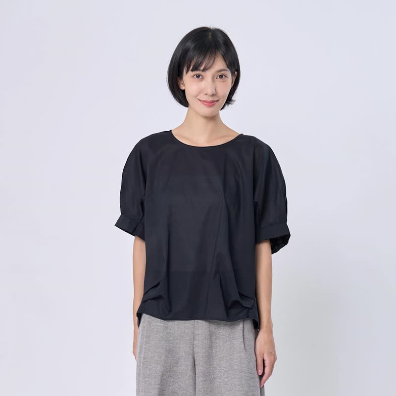 Pamela花摺袖棉質立體打摺夏日上衣 - 女襯衫 - 棉．麻 藍色