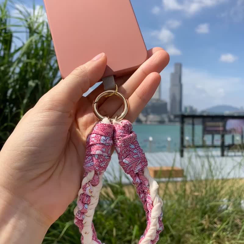 Pink floral braided 3way cat collar mobile phone lanyard headdress keychain handmade - Phone Accessories - Other Man-Made Fibers Pink