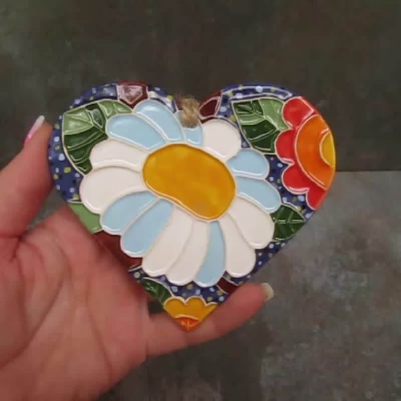 Ceramic wall decoration Heart with flowers,handmade heart Home Decor,heart decor - Wall Décor - Pottery Multicolor