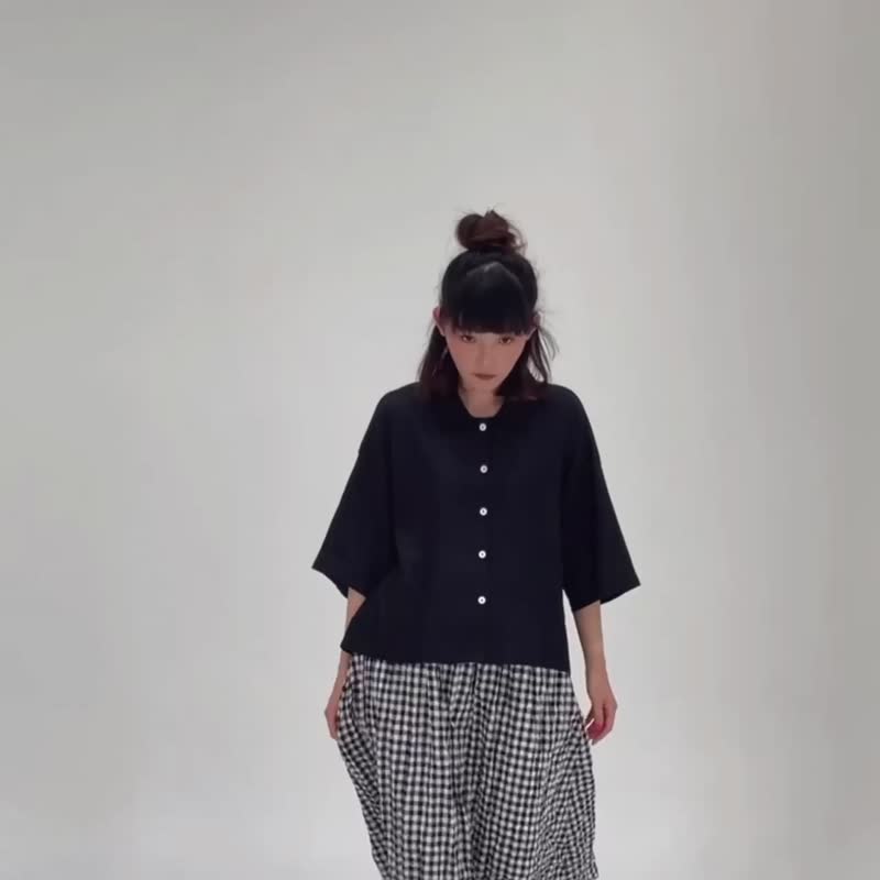 Oversize Peter Pan Collar Shirt - Black - 女襯衫 - 亞麻 黑色