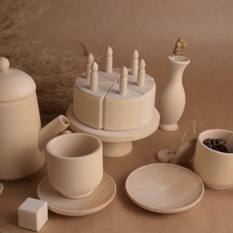 Wooden Coffee Set Toy Set with Cake with Candles for Wooden Play Kitchen Toy - ของเล่นเด็ก - ไม้ สีกากี