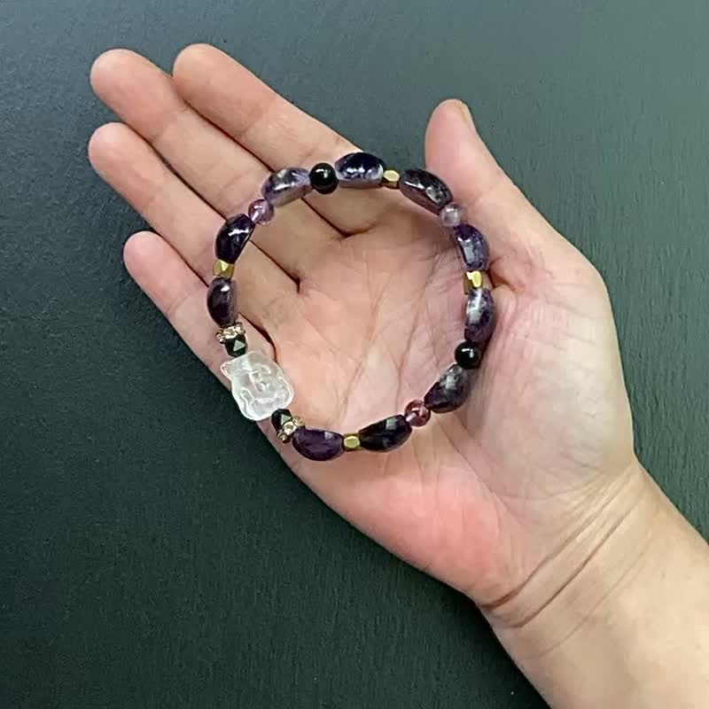 Fantasy Amethyst Purple Ghost Black Tourmaline Obsidian White Crystal Nine-tailed Fox Bronze Bracelet Customized - สร้อยข้อมือ - คริสตัล หลากหลายสี