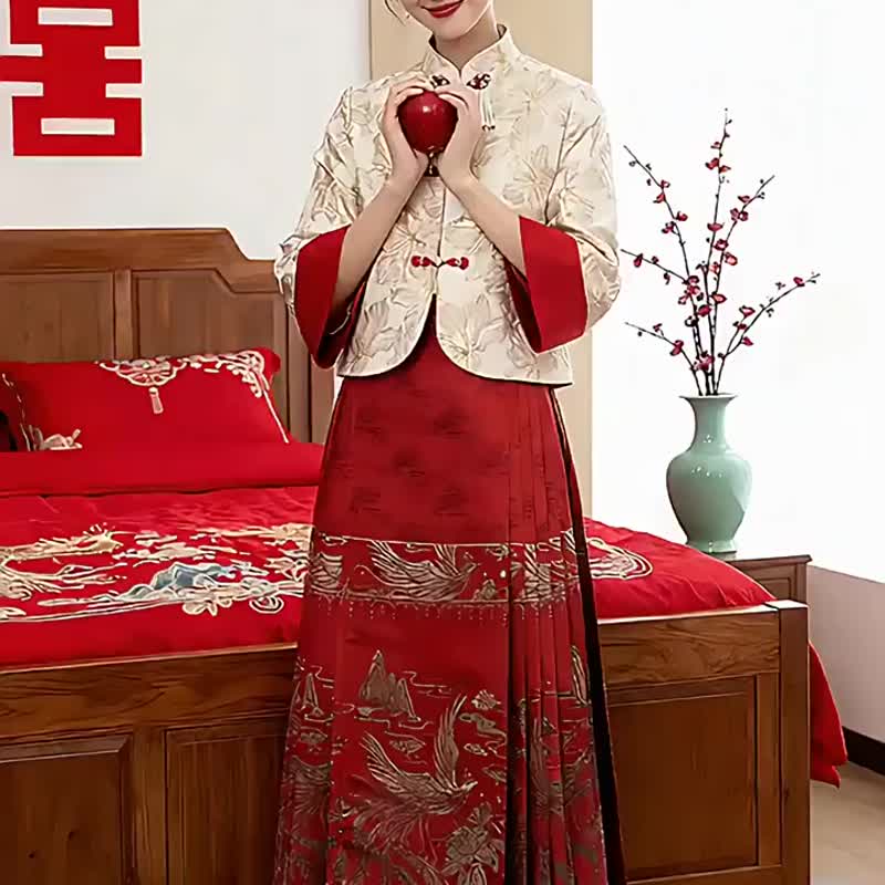 Starlight New Chinese Red Bridal Autumn/Winter Engagement Set - Post-Wedding Home Visit Casual Wear & Wedding Attire - กระโปรง - เส้นใยสังเคราะห์ สีแดง