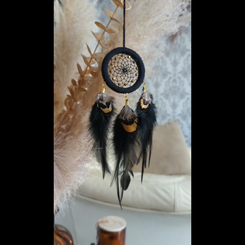 Small Handmade Black Dreamcatcher – Boho Charm for Home, Car Hanging Ornament - ตกแต่งผนัง - งานปัก สีดำ