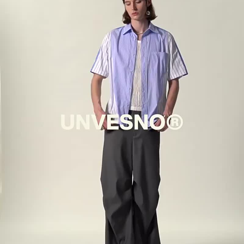Unvesno (UN) 立體剪裁分割撞色條紋拼接短袖襯衫  SWS-1661 - 男襯衫/休閒襯衫 - 棉．麻 藍色