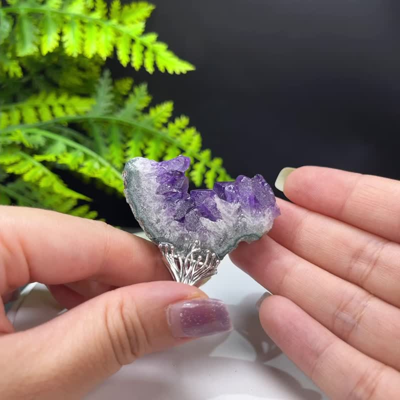 紫水晶活口戒指 原石標本 隨形西瓜片 晶柱晶簇手工指環 S925銀 - 戒指 - 水晶 紫色