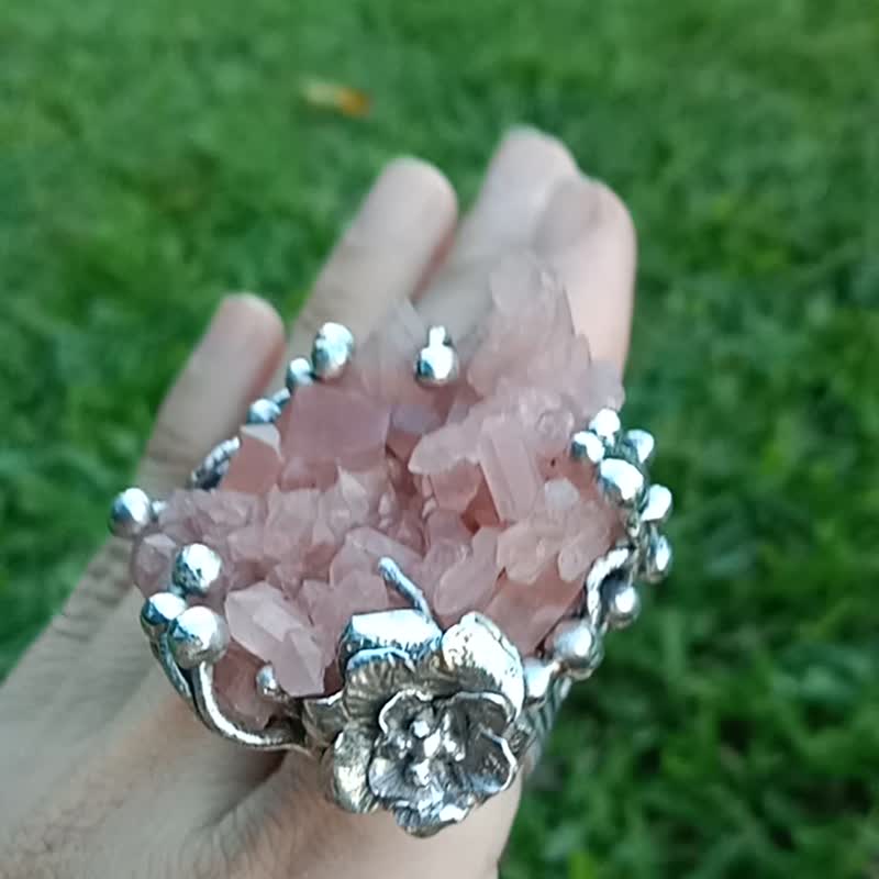 粉晶簇原礦手工銀戒 純銀戒指~*Love*~ Rose Quartz Silver Ring - 戒指 - 純銀 