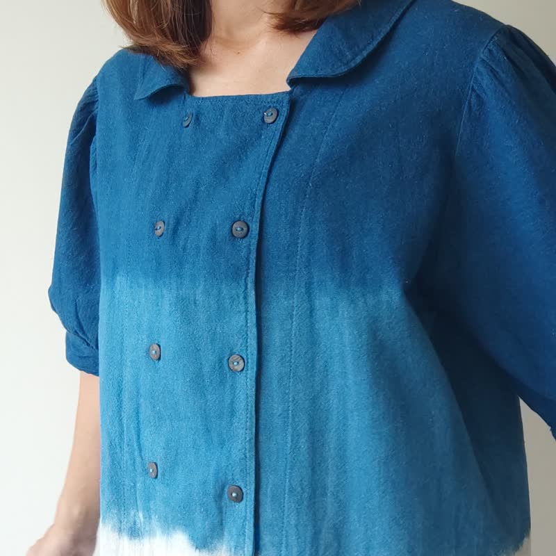 Peter Pan - Indigo Dyed 3 Tones Blouse - Women's Tops - Cotton & Hemp Blue