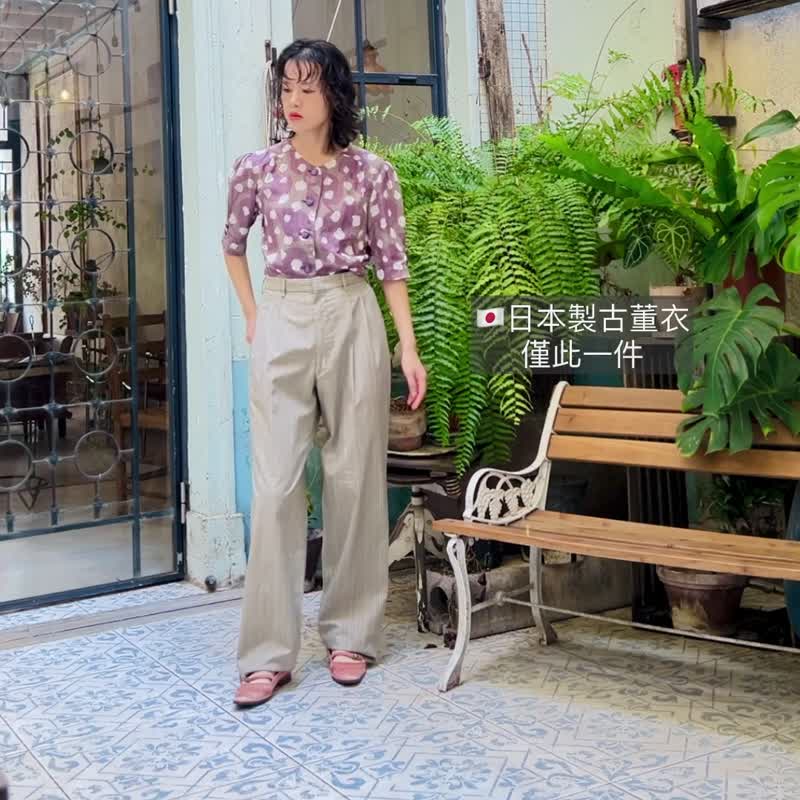 Ancient Khaki Plaid Wide Pants [Japanese Antique Clothing] Sustainability is the most luxurious product - กางเกงขายาว - วัสดุอื่นๆ สีกากี