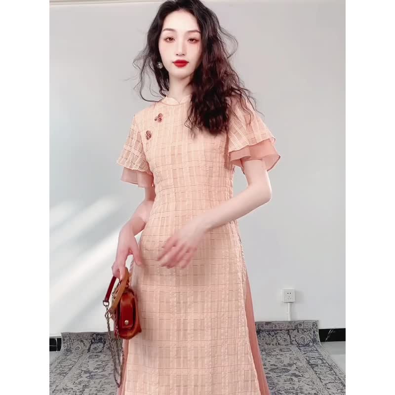 【橙城戀】夏日多巴胺銀絲格紋拼接魚尾連衣裙新中式 洋裝旗袍裙 - 洋裝/連身裙 - 其他材質 