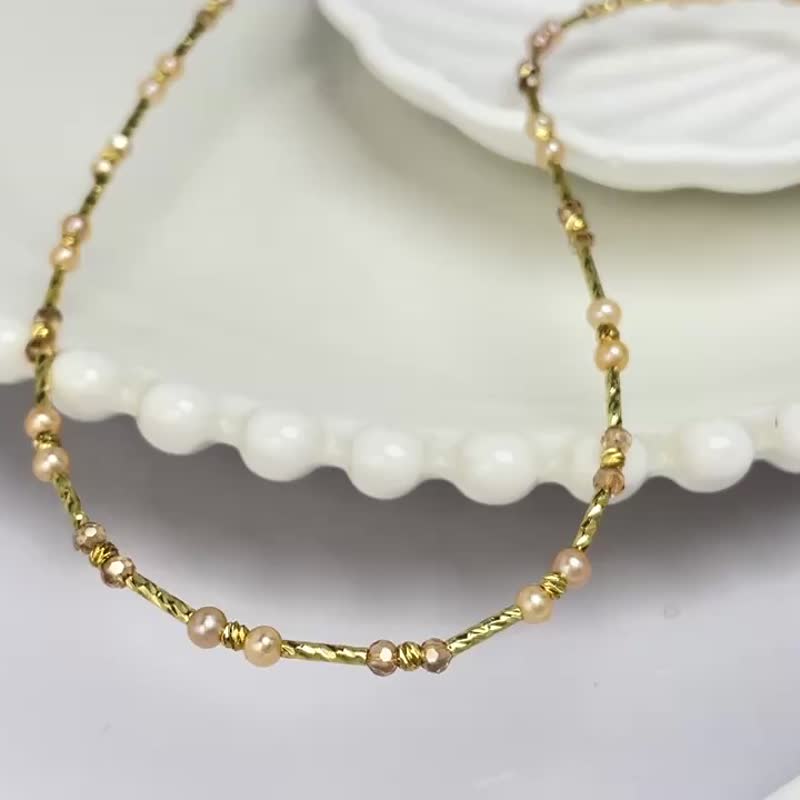 金色波瀾 天然淡水珍珠 華麗 愛心 磁吸扣 項鏈 - 項鍊 - 珍珠 橘色
