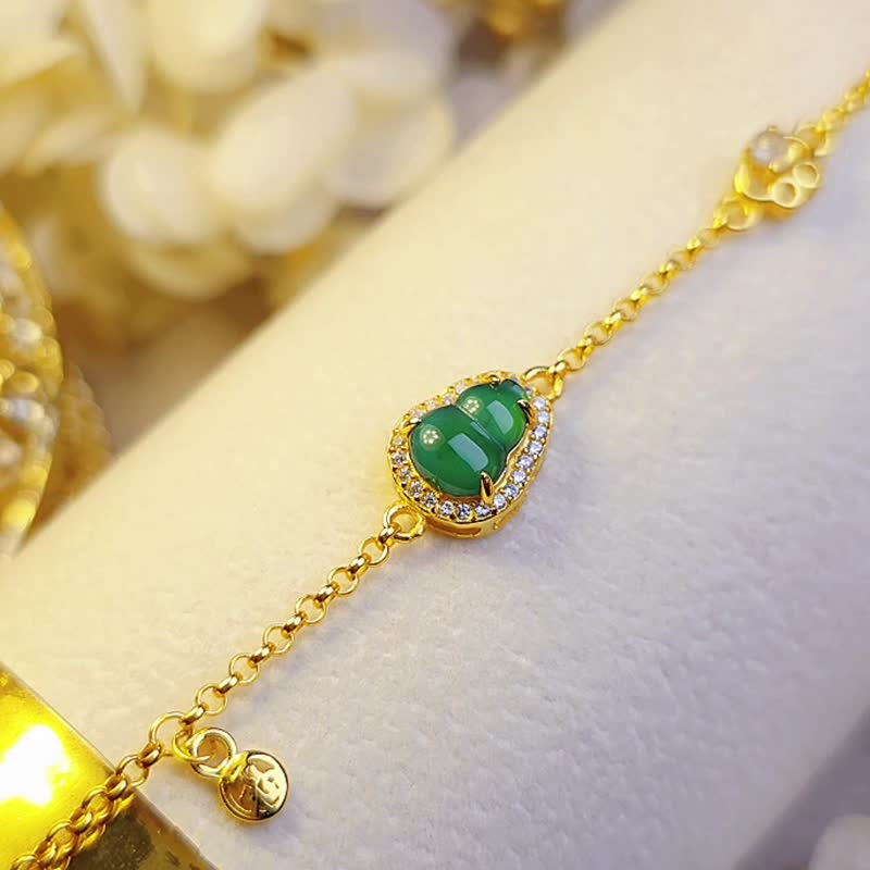 有福•有財|冰膠綠葫蘆•冰玻白翡|A貨翡翠純銀精緻手鏈 - 手鍊/手環 - 玉石 