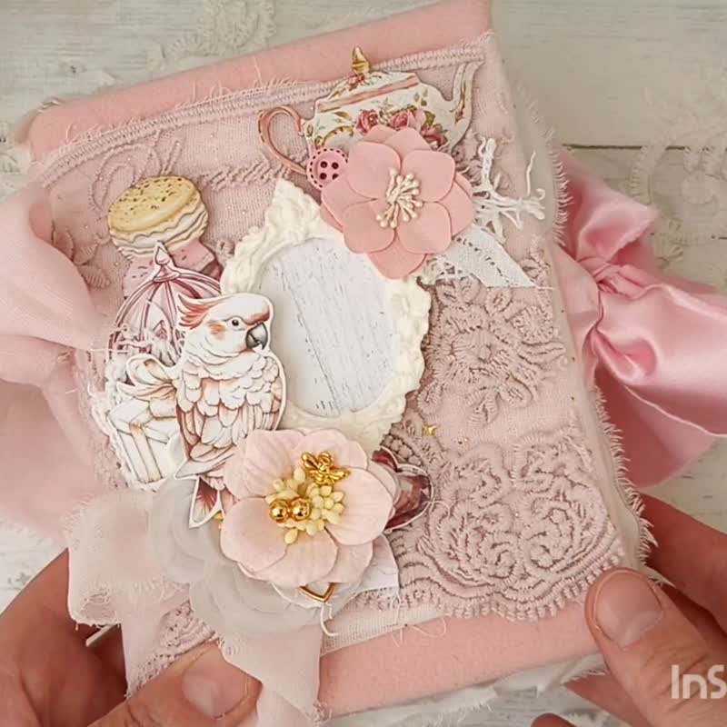 Lace rose junk journal handmade blank Garden Flowers Birds wedding notebook - 筆記本/手帳 - 紙 粉紅色
