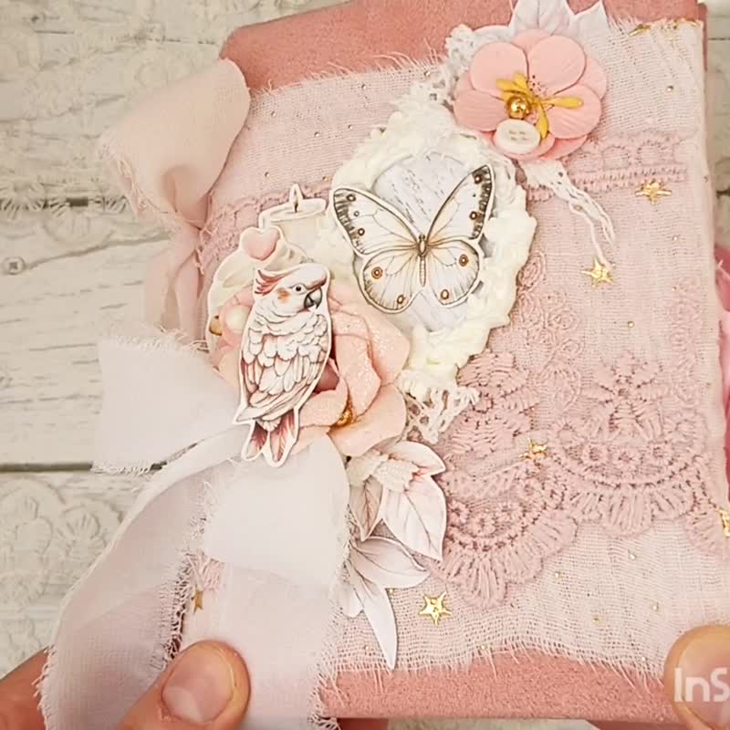 Lace rose junk journal handmade blank Garden Flowers Birds wedding notebook - 筆記本/手帳 - 紙 粉紅色