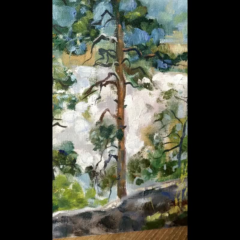 用松树绘画 山水画 Pine Tree Painting Island 油畫原作 Landscape Original Art Nature Artwork - โปสเตอร์ - วัสดุอื่นๆ หลากหลายสี