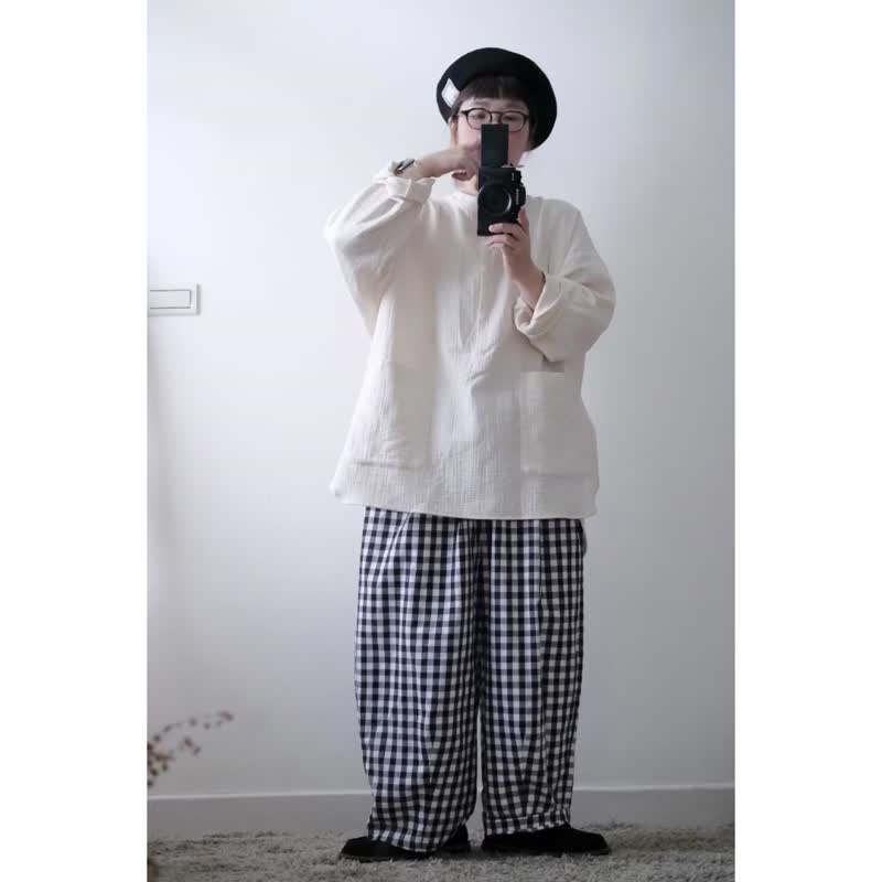 皺皺的寬版開襟上衣/燕麥米白 - 女上衣/長袖上衣 - 棉．麻 白色