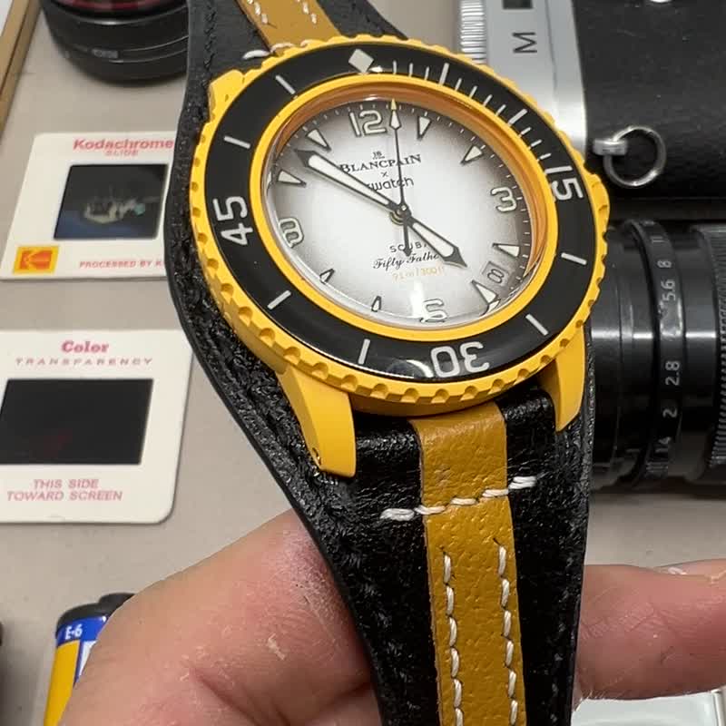 Watch Strap 22mm, Swatch x Blancpain Scuba Fifty Fathoms Leather Watch Band - สายนาฬิกา - หนังแท้ สีดำ