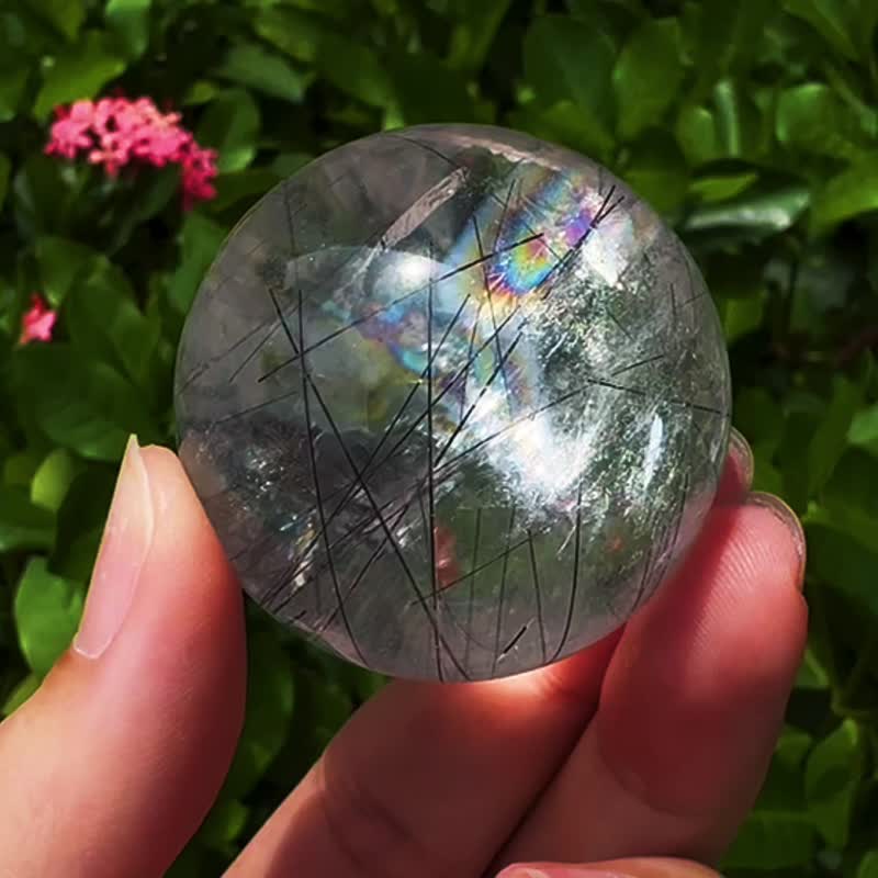 Rare rainbow clear top black hair crystal energy crystal ball 41MM black hair crystal - ของวางตกแต่ง - คริสตัล หลากหลายสี