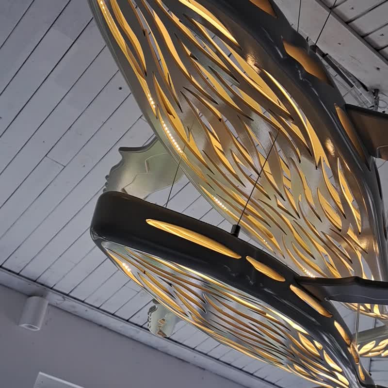 Whale with baby whale ceiling chandelier:led wall lamps in maori style - 燈具/燈飾 - 木頭 白色