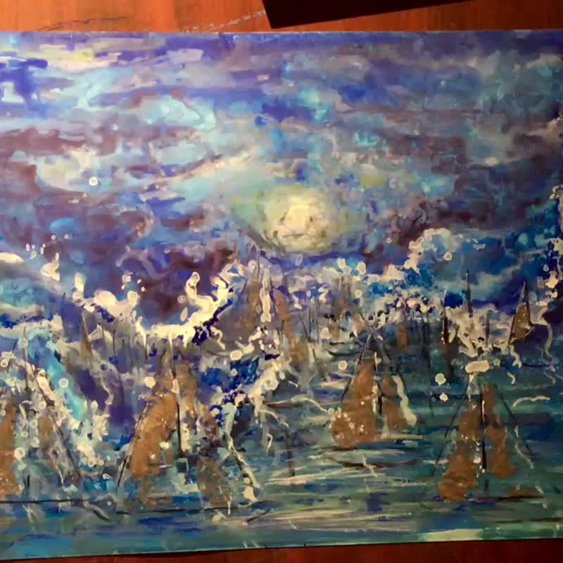 Moonlight boats,original mix media painting on yupo paper