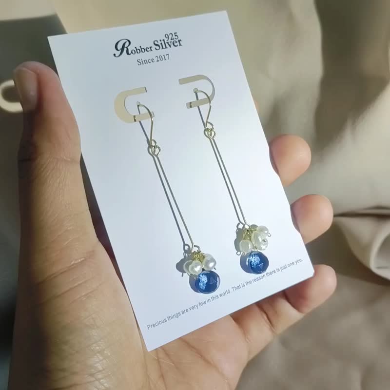 14KGF AAA London Blue Topaz & Pearl Earrings (Clip on) - ต่างหู - คริสตัล สีน้ำเงิน